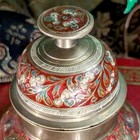 3  Vintage Ornate Solid Indian Brass Red Enameled Claw Temple Shop Bell W  Stand