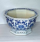 Vintage Chinese Blue   White Porcelain Octagonal Bowl Planter 16 x9  Floral