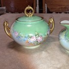 W p Limoges Antique Green Pink Floral Gold Trim Sugar Bowl Lid    Creamer Signed