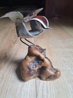 Norman Brumm Signed Enamel Copper Bird Sculpture Burl Wood Base Vintage Folk Art
