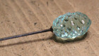 Antique Art Nouveau Aqua Green Etched Glass Hat Pin 6 25  Long
