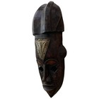 Vintage Ghana African Mask Hand Carved Wood Brass   Red Painted Accents 15   