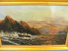 Antique Oil Painting Schooner Struggling In High Seas By Cliffs