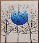 1970s Tamarack Silk Screen Fabric Art Blue Moon Trees Textile Mcm  18x20  Framed