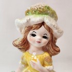 Vintage Ceramic Girl Figurine Planter Yellow Green Dress Hat Blue Flowers 6 75in