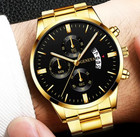 Luxury Gold Mens Chronograph Watch Black Dial Date Stainless Steel Business Gift