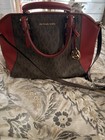 Michael Kors Signature Logo Medium Satchel Brown Red Gold Hardware Zip Strap