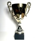 Gold Trophy Large Roman Cup Style Unmarked Metal With Stone Base 15    Tall