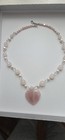Vtg Lee Sands Rose Quartz Heart Necklace Pink Pearl   Bracelet Set Summer Beach