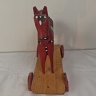 Vtg Polish Folk Art Wooden Horse Pull Toy Hand Painted Wheeled Made In Poland