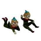2 Vtg Norcrest Ceramic Elves Pixie Elf Green Figurines Blue Flower Hat Kitschy
