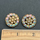 Vintage Aurora Borealis Rhinestone Buttons Gold Tone Set Of Two Decorative Round