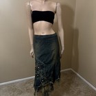 Women   s Greenish Denim Cotton Stretch Boho Beads Lace Zip Size S 4-6  Skirt 3417