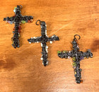 3 Handcrafted Hand Beaded Wrapped Wire Crosses For Decoration