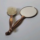 Vintage Handheld Vanity Mirror Brush Set Brass Handle Ornate Floral Art Deco
