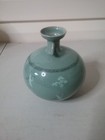 Vintage Korean Celadon Crane   Clouds Vase Artist Signed Crackle Glaze 6    Tall