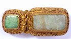 19c Chinese Gilt Bronze Jade Jadeite Carved Belt Hook Buckle As Is