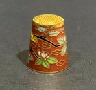 Vtg Cloisonne Enamel Thimble Brown Yellow Bird Flowers Brass Sewing Collectible