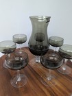 Vintage Mcm Smoked Grey Glass Cocktail Pitcher   Coupe Glasses Set Barware 8pc