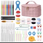 New Crochet Kit Beginner 57-pcs Starter Kids Yarn Knitting Pink Plaid Carry Bag