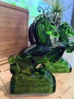 Le Smith Green Glass Horse Bookends Emerald Art Glass Mid Century Pair Vintage 