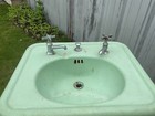 Antique Cast Iron Green Porcelain Pedestal Sink Vintage With Faucets