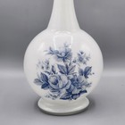 Vtg 12    White Milk Glass Vase Blue Floral Design Flared Neck Retro Home Decor