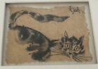 Vtg  Pen   Ink Vietnamese Print  cat With Huge Eyes  On  Handmade Paper-rare