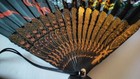 Vintage Japanese Folding Hand Held Fan W tassel Hand-painted Black Silk  Iob