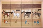 Japanese Painted Screen Horse Stable W Cats   People Signed Calligraphy