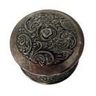 Antique Meriden B Co Silverplate Round Trinket Box Fabric Lined Ornate Repousse