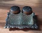 Vtg Miniature Glass Salt   Pepper Shakers Ornate Silver Plated Tray Caddy Set