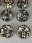 Antique Victorian Waistcoat Buttons W cut Steel Brass Enamel - Set Of 9 - 10 16   