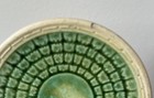 Antique Majolica Butter Pat Green   Yellow Basketweave 1880s Griffin Smith Hill