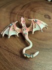 Pink Enamel Rhinestone Dragon Brooch Pin  Gold Tone