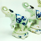 Vintage Porcelain Blue White Elephant Figurines Gold Gilt Hand Painted Set Of 3