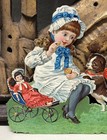 Girl W  Doll In Stroller Feeding Dogs Victorian Die Cut Scrap - L9
