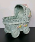 Vntg Baby Buggy Planter Blue Cart With Bow  Flowers By Dickson Made In Japan