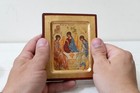 Handmade Wooden Icon With Holy Trinity  in Gold Leaf Byzantine Art 