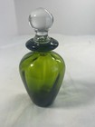 Vtg Green Glass Perfume Bottle W clear Glass Stopper For Vanity  Murano Style