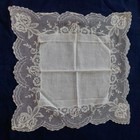 Vintage Linen Hanky Needle Run Embroidered Net Lace Roses Bridal Wedding