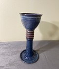Studio Pottery Goblet Wine Water Challis Blue Glaze Textured Filigree Signed