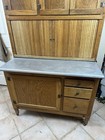 Antique Oak Hoosier Cabinet With Original Flour And Sugar Bins Roll Tambour Zinc