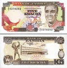 Zambia 5 Kwacha 1989  Unc  5 Pcs Lot  Consecutive  P-30  Sign 8