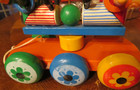 Vintage Kouvalias Wooden 6 Wheel Pull Toy Made In Greece Moving Jugglers