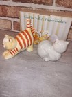 Cat Ceramic Salt   Pepper Shakers Pair Gray And Orange Striped Collectible Nos