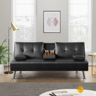 Faux Leather Futon Sofa Bed Couch With Cupholders And Pillows Black 66 Inch