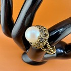 Vintage Ring Antiqued Gold Tone Filigree Braided Lg Faux Pearl West Germany