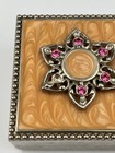 Vintage Ornate Square Trinket Box Pink Gem Flower Metal Enamel Velvet Lined
