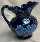 Vintage Cobalt Blue Pitcher Vase Grapevine Design Japan Cottage